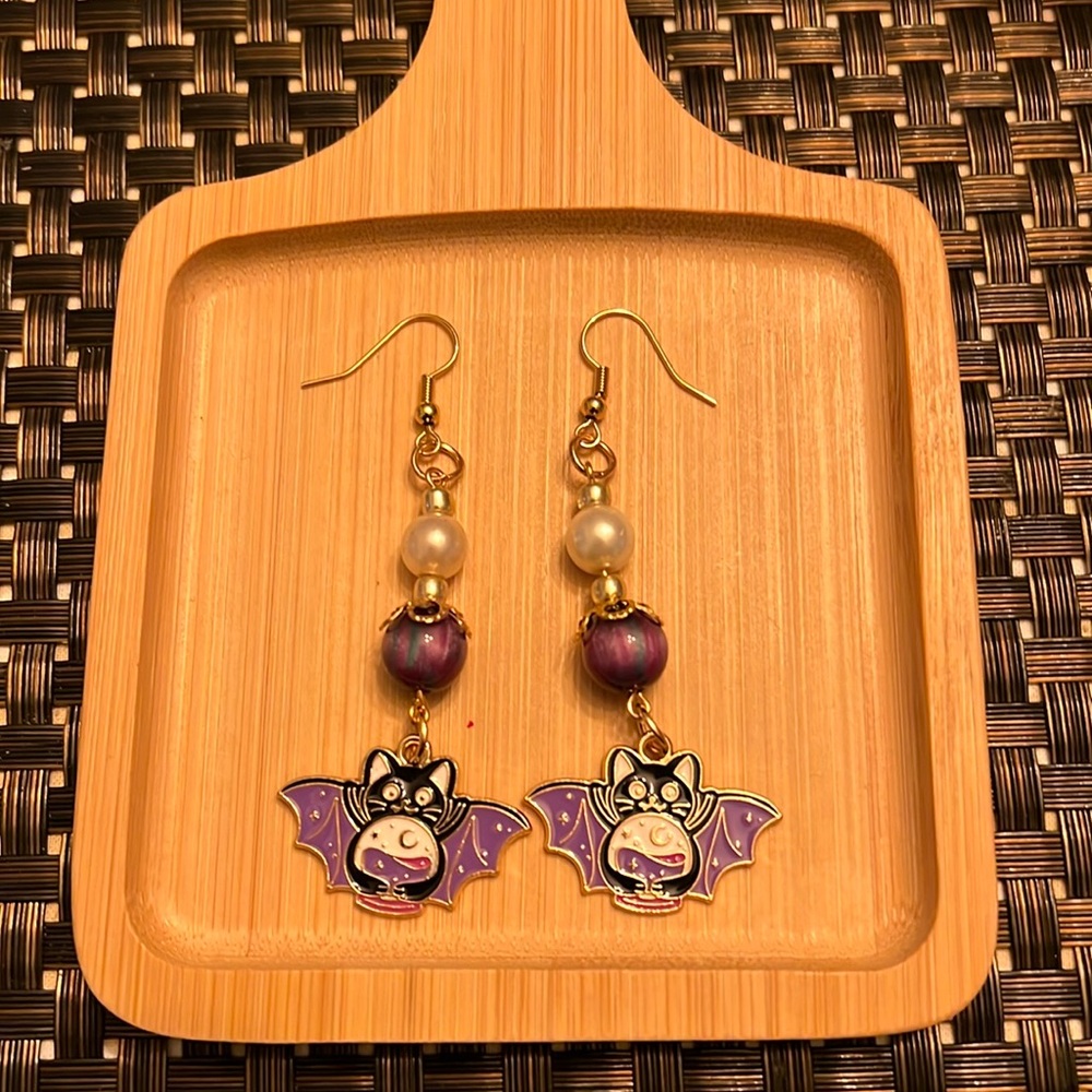 Handmade Beaded Bat Charm Dangle Earrings
